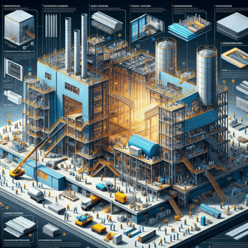 Visualize an exceedingly detailed guide in 8K resolution, that captures the essence of a factory panel construction process. It should be photorealistic and be of professional studio quality. Kindly, maintain a balanced composition and well-orchestrated framing, similar to a cinematic depth. Ensure the lighting and positioning of elements appear very natural. The guide should look like an infographics chart, displaying aspects such as the construction area, types of materials used like steel and aluminum panels, as well as thermal and soundproof performance. Display diverse construction stages, like frame installation, panel assembly, application of insulations, waterproofing and sealing, and painting and finishing works. Include a table presenting the different types of materials used, their features, uses, and costs. Also, add a section of useful tips for efficient panel work. Avoid pixelation, distortion, low resolution, watermarks, text overlays, overexposure. Absolutely exclude babies, children, humans, and unusual objects and backgrounds. The image should be completely free of Korean or any other non-English texts.