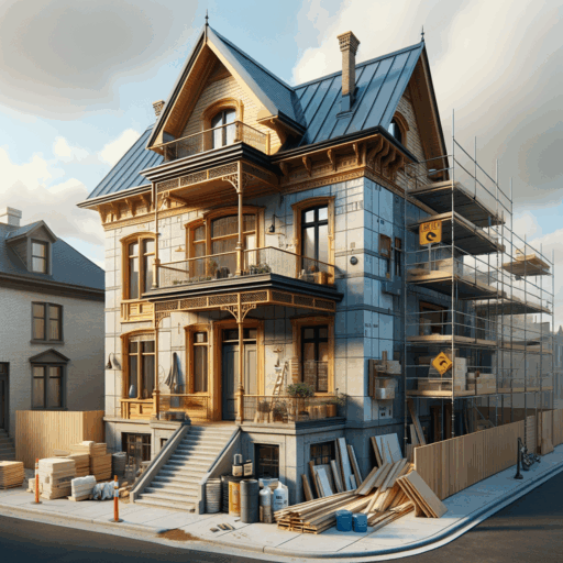 Render a highly detailed, realistic, and high-resolution (8K quality) image that represents the concept of remodelling old buildings and small buildings. The image should display an old building in progress of being remodelled. Show different stages of the remodelling process in separate areas/components of the building. Include elements such as the proposal and blueprint stage, applying for permits, execution of the construction work, and the final inspection. Also, demonstrate the application of different exterior material choices, such as ceramic siding, metal siding, wooden siding, synthetic resin siding, and stone finishing, on separate parts of the building exterior. The image should be expert studio quality, with balanced composition, well-crafted framing, cinematic depth, natural lighting and positioning but do not include text overlays, watermarks, pixelation, or distortion. The image should not include babies, children, or people. Ensure there are no bizarre objects or backgrounds in the image, as well as no text in any language other than English.