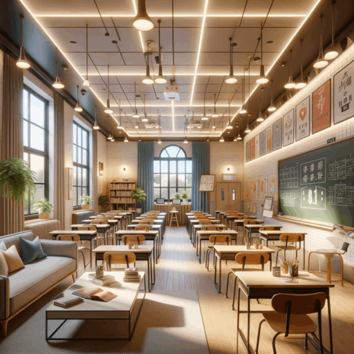 Please create a detailed, 8K resolution, realistic, and professional studio quality image of a tutorial academy interior. The scene should showcase two main areas: a waiting area and a classroom. Initially, depict a waiting area that is designed with comfortable furniture such as a sofa, a table for reading or charging mobile devices, and indirect lighting setting a calm atmosphere. The color scheme should be light and warm and there may be posters or signs on the wall. Proceed to the classroom, it should be efficient in space usage and conducive for concentrated learning. Desks and chairs should be spaced appropriately, while teaching aids like blackboards or screens are well-positioned. The lighting should be bright and uniform, possibly making good use of natural light. Keep in mind to draft an efficient circulation path between these two spaces. Avoid including babies, children, or anyone else in the scene. No peculiar objects or backgrounds should be included. There should be no distortions, low resolution, watermarks, overlays of text, or excessive exposure. All texts within the image, if any, should only be in English.