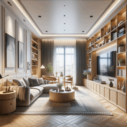 Create a hyper-realistic, 8K resolution image of a living room in a mid-sized, 30-square meter apartment that focuses on effective and pleasant spatial arrangements. The room should feature optimal furniture placements - a carefully planned coffee table in front of a sofa both in the right size for the space, a clean, neat media cabinet coupled with a TV placed considering eye-level and viewing distance from the sofa. Distributed throughout the room should be multi-purpose storage furniture like bookcases and display cabinets against the wall. Make sure the center of the room is unobstructed to maintain a walking passage. Be mindful of natural and artificial light sources in positioning the furniture. Avoid pixelation or distortion, over-exposure, watermarks, and overlaying of text. The image should preferably have balanced composition, a well-structured frame, cinematic depth, and natural arrangement of lighting. Exclusion of babies, children, people, bizarre objects, and non-English texts is important.