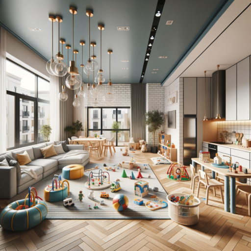 Create a highly detailed, realistic, 8K resolution image that embodies a child-friendly interior design. The image should possess professional studio quality and a balanced composition. Please include features like well-positioned furniture with protective corners, softer flooring materials like mats or carpets, power outlets installed at higher points and covered for safety. Common areas like the living room, bedroom, and playroom should be focused, with elements such as noise-blocking materials, neatly arranged toys at accessible heights and safe indoor play equipment. The kitchen should display appliances stored out of children's reach and non-slip floors. A bathroom with anti-microbial and non-slip floors, safely stored medicines, and temperature control for the shower are necessary. Please maintain cinematic depth, natural lighting and arrangements. The image should not include people, odd objects, and settings. Also, it must be free from pixelation, distortion, low resolution, watermarks, overly exposed areas, and non-English text overlays.