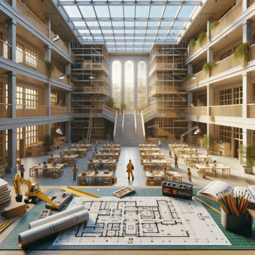 Create an ultra-detailed 8K resolution image with a realistic, fact-based representation that captures the essence of the education center construction process in a professional movie-like format. The image should be a careful study of a tutoring center's interior being constructed with important considerations given to factors like fire department permits, hallway area standards for educational complexes, and loft construction within a knowledge industry center. The framework should be balanced and well-planned, with natural light arrangement for ultimate clarity. The image should convey the legal construction methods and related regulations for building within such educational facilities. The construction should be in process, with blueprints and safety precautions visible. Don't add any form of text overlay, pixelation, distortion, and watermarks to the image. Also, make sure there are no babies, children, or people, any strange objects, and non-English text in the scene.