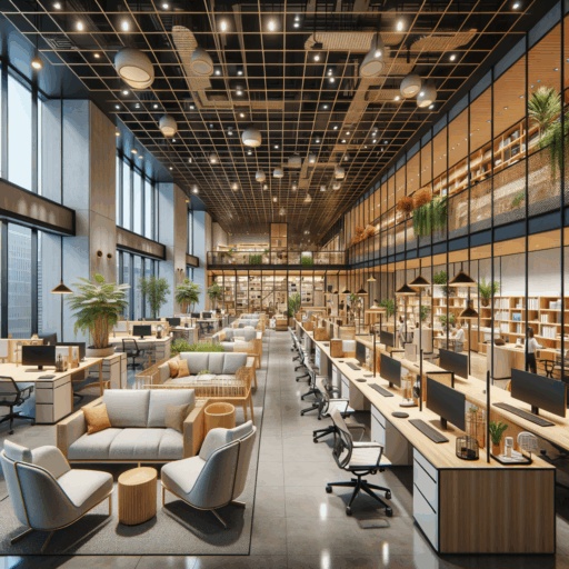 Create a realistic and high-quality image of a spacious 100-pyeong office interior design. This office should clearly depict efficient use of space for aiding employee productivity. The office should be divided into team-wise or department-wise workspaces, small and large conference rooms, lounges or café-style spaces for rest and communication, and separate areas for attending to visitors. Consider the flow of movement inside the office, with easy access from main entrances to various sections. Make sure natural light is maximized, balanced with artificial LED lights to avoid glare, and a vibrant color scheme with neutral and soft tones. Office furniture should include ergonomic desks and chairs, ample storage spaces, comfortable furniture in rest areas, and decorative accessories such as plants and artistic works. The office design should also incorporate elements of environmental friendliness and smart technologies, such as renewable materials, sensor lighting, air purifiers, and IoT devices for business automation. Please exclude any human figures, babies, children, and peculiar objects or backgrounds in the image. There should be no text overlays, excessive exposure, pixelation, distortion, watermarks or low quality, and the image should be devoid of non-English texts.
