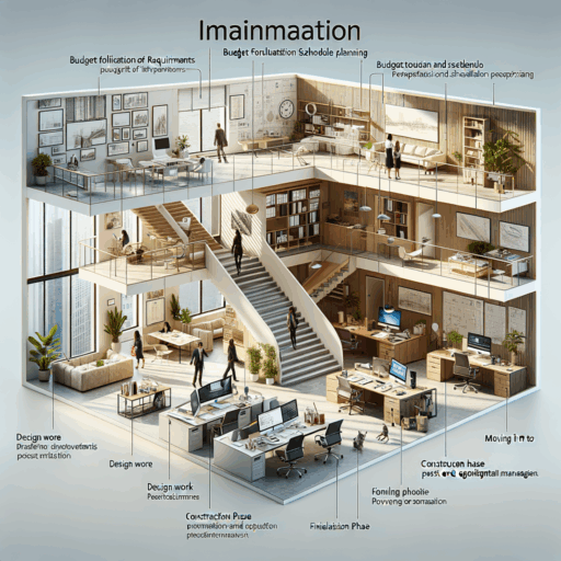Imagine a detailed visual representation of an office interior renovation process, rendered with realism, high specialist studio quality, and 8k resolution. The illustration should encompass the crucial steps, starting from the meticulous planning phase, the analysis of requirements, through to budget formulation and schedule planning, design work, permit procurement and preparatory work, construction phase, finalization, and inspection, all the way to moving in and post-occupational management. Do not include any depiction of infants, children, or people in the image. Likewise, avoid including bizarre objects or backgrounds. All text in the image should be strictly in English, and avoid pixelation, distortion, low resolution, watermark, or overlaid text.