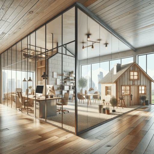 In an image of ultra-high-definition 8K resolution, vivid realism, professional studio quality, attention is focused on an office interior and a remodeled rural house. The office is eloquently divided by glass partitions, contributing to an open yet organized atmosphere. The floor choices are crucial, with durable and conveniently maintainable materials used throughout. The rural house shows off trendy remodeling elements including couplings of retro and modern aesthetic elements, minimalist design pieces and use of sustainable materials. It also showcases the cost-effective aspect of buying property in the countryside for transformation into a cozy living space. There are no people, children, babies, bizarre objects or backgrounds, and there must be no pixelation, distortion, low-resolution sections, watermarks, excessive exposure, or overlaid text.
