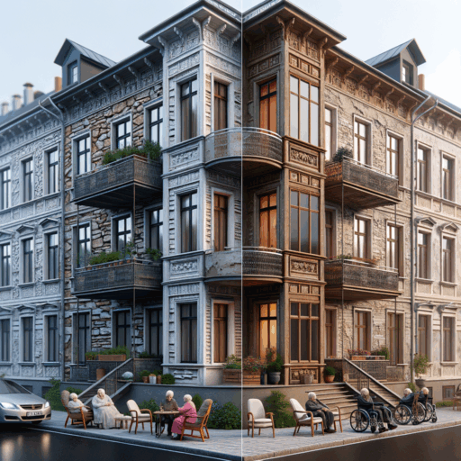 Create a highly detailed and realistic image with 8K resolution and professional studio quality showing a before and after scene of the remodeling of an old building. Display various types of exteriors such as stone, ceramic tile, metal panel, wooden, and stucco, demonstrating their characteristics, advantages, and disadvantages. Furthermore, include aspects of structural reinforcement, accessibility improvement, and interior environment enhancement for elderly care facilities. Also, show a comparative cost table for remodeling per square meter for each type of exterior. Ensure balanced composition, well-arranged frames, cinematic depth, and natural lighting. The image should entirely be in English with no pixelation, distortion, low-resolution, watermarks, text overlays, overexposure. Absolutely do not include babies, children, people, odd objects, and backgrounds.