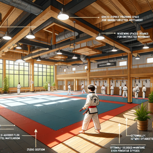 Illustrate an in-depth guide to remodeling a Taekwondo dojo, meticulously drawn in 8K resolution, a realistic style, with professional studio quality. The image should have balanced composition, well-structured frames, cinematic depth, and natural lighting and arrangement. The dojo should show signs of being efficiently restructured considering space and functionality. Emphasize on training space for unobstructed movement, viewing areas for spectators, and auxiliary spaces like resting rooms and showers. Important interior elements like shock-absorbent floor materials, optimally designed lighting, and ventilation systems should be visible. Also, it should demonstrate the necessity of maintenance even post-remodeling. Refrain from pixelation, distortion, low-resolution, watermarks, text overlays, overexpose. No infants, children, people, strange objects, or backgrounds should be included. Text in languages other than English must not be included.