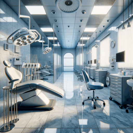 An intricate 8K resolution illustration worthy of a studio production that portrays a highly detailed dental office and a care home interiors. In the dental office, consider aspects of patient and staff safety, efficient space allocation, hygiene management, equipment installation, and electrical and plumbing works. For the care home, incorporate safety bars in corridor and lavatory, non-slip floor finish, facilities for the disabled individuals, proper ventilation, and emergency alarms. Subdue any form of peculiarity in objects or backgrounds. The image should be realistic, professional, well-framed, and devoid of any lens flares, overlays, watermarks, distorted pixels, and excessive exposure. No human figures or any text other than English should be included.