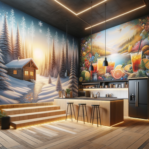 A realistically rendered, 4K resolution depiction of a modern interior space enhanced by the stunning aesthetic effect of murals. The scene is divided into two and filled with professional studio quality and realistic scenes representing different themes. One part should contain a calming mural with a winter landscape featuring a cabin, evoking a cozy and warm feel during the cold season. The other part features an vividly colored illustration of beverages, adding a lively touch to a kitchen or cafe-like setting. The whole scene is elegantly balanced, well-framed with cinematic depth, and subtly illuminated to bring out the color and texture of the murals. Please avoid any pixelation, distortion, low-resolution images, watermarks, overlays of text, overexposure, inclusion of peculiar objects, backgrounds, people, as well as any non-English text.