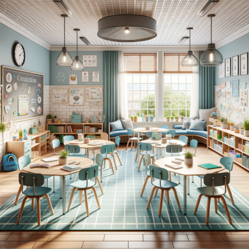 Illustrate a realistic school classroom interior that displays the importance of its design on education. The setting should include elements such as a thoughtful selection of calming colors like light blue or green, strategic furniture placement that promotes communication and cooperation, such as desks arranged in a circle or groups, effective natural and soft artificial lighting, and decorative features like educational posters or student artwork. Please ensure the image is of high-quality 8K resolution with professional studio quality, balanced composition, well-structured framing, cinematic depth, and natural placement and lighting. Do not include pixelation, distortion, low resolution, watermarks, text overlays, excessive exposure, children, babies or people of any kind. There should not be any odd items, characters or background, nor should there be text in the image other than English.