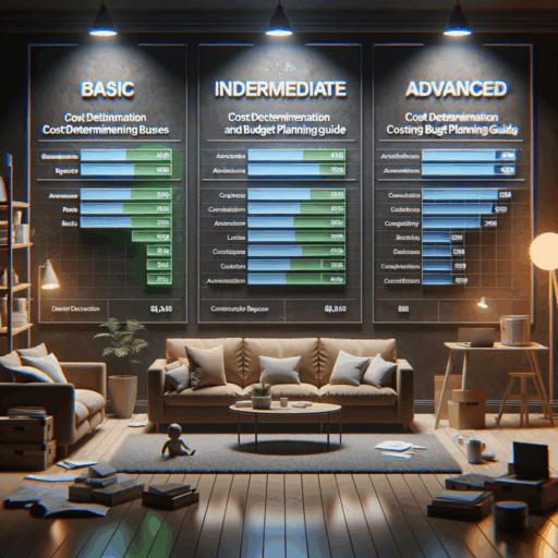 Generate an image with 8K resolution that is a realistic and factual representation of a remodeling project cost estimation and budget planning guide. The image should show three distinct sections, representing the three scenarios of remodeling cost estimates - basic, intermediate, and advanced. Each section is to present details like areas of application, cost determination basis, advantages, and disadvantages. Additionally, it should include clear tabs or markers for elements to consider during budgeting such as construction scope, material choice, level of craftsmanship, and the duration of the project. The layout and framing should be balanced, with cinematic depth and natural lighting. Avoid pixelation, distortion, low resolution, watermarks, text overlays, and overexposure. Exclude depictions of babies, children, and individuals, as well as unusual objects or backgrounds. Finally, any texts incorporated in the image are to be exclusively in English, no other languages including Korean are to be included.
