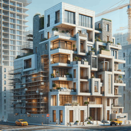 Create a detailed and realistic image in 8K resolution capturing a building undergoing facade remodeling with different types of exterior finishing materials. The scene must showcase various types of materials, namely, dryvit (styrofoam + cement coating), panel, and stone veneers, each highlighting their respective aesthetic and functional qualities. The image should exhibit a balanced composition, a well-framed scenario, film-like depth, and natural lighting and placement. No infants, children, or humans should be included in the image. Likewise, odd objects and backgrounds should be avoided. There should be no distortion, low-resolution sections, watermarks, text overlays or overexposure present in the image. Ensure no Korean text is present in the image.