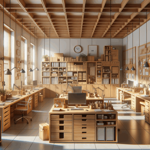 Imagine a detailed, 8K resolution, photorealistic representation of a 40 square meter office that has undergone intricate carpentry work. The office should be tastefully designed considering factors like space optimization, durability, and safety standards. The interior should include wooden desks, storage cabinets, partitions, and wall decorations. Consider various materials like plywood, MDF, laminate, and other finishes. Also, depict areas where existing structures have been removed. Be mindful to maintain professional studio quality, balanced compositional layout, thoughtful framing, cinematic depth, and natural lighting. Please avoid pixelation, distortion, low resolution, watermarks, text overlays, and overexposure. Exclude any individuals, strange objects or backgrounds and avoid incorporating Korean or any other non-English text.