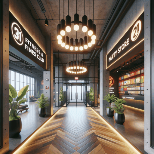 A high resolution, ultra-realistic rendering of a combined fitness club and party store interior entrance with film-like depth, accurate lighting, and natural placement. The brief demands a picture perfect still of a space that brilliantly ties the energetic vibes of a fitness club and the festive atmosphere of a party store. Capturing the balance between separation and integration is crucial, with emphasis on logos and plant choices as key design elements for the entranceway. The logos should be concise, clearly identifiable from afar and should reflect the brand's unique identity. The selection of plants should improve the ambience, making the space refreshing and welcoming. Note: The scene must be devoid of people and children, unusual objects and elements, with no pixelation, distortion, low resolution, watermarks, text overlays, excessive exposure. No Korean or other non-English text should appear in the image.