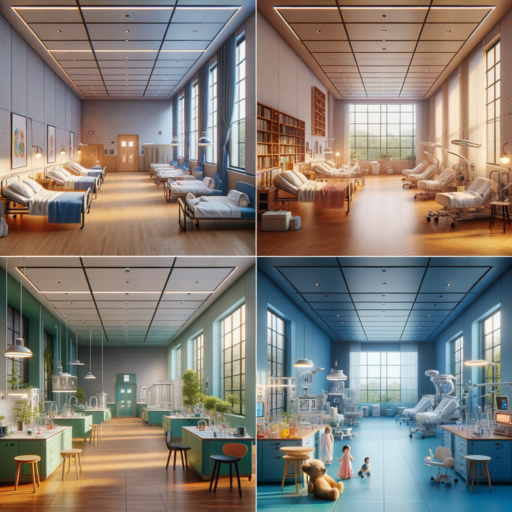 Visualize a detailed analysis of the necessities and effects of special interior spaces, all rendered in meticulously detailed 8K resolution. The realism should reflect professional studio-quality, with a balanced composition, well-arranged frames, cinematic depth, and natural lighting placement. The scene should portray four unique environments, each representing a specific kind of special space: a comfortable and safe-designed medical facility with gentle colors and lighting, an efficient educational institution brightly lit and ventilated, a laboratory space with carefully arranged scientific equipment, and a leisure space designed for fun with bright color combinations. No pixels, distortions, low resolutions, watermarks, text overlays, overexposures should be used. No babies, children or people should be included in the image, and peculiar items and backgrounds should be avoided too. No Korean or other non-English text should be included.