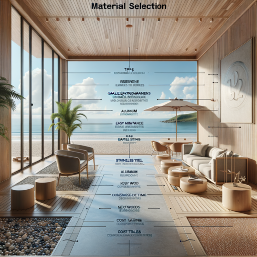 Create a detailed 8k resolution, realistic visual guide to an interior material selection for seashore area. The visuals should depict a balanced layout that emulates a professional studio quality. The design should capture the essence of the beach with materials that are resistant to saline environments and humidity, like synthetic resin flooring and bead finishes, aluminum, stainless steel, natural wood, bamboo, tiles, and stone. Incorporate tips for material selection with a focus on environmental fittingness, easy maintenance, consistent design, and cost consideration in a way that melds movie-like depth, natural lighting, and arrangement. There should be no pixelation, distortion, low-resolution, watermarks or text overlays. Do not include babies, children, people, bizarre objects, and backgrounds. Text in languages other than English should not be included in the image.