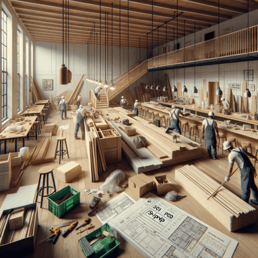 Imagine an extremely detailed, high resolution, 8K scene of a 50 Pyeong (165 square meter or 1776 square feet) sized café under construction. The café is in the midst of precise woodwork, which forms a critical factor in enhancing the functionality and aesthetic sense of the space. The materials for the woodworks, including natural wood, plywood, MDF and PB, as well as laminate sheets and various finishings and fittings, are seen laid out across the café. Workers, both men and women of various descents like Caucasian, Hispanic, Middle-Eastern, and South Asian, are engaged in different tasks. The scene is captured in a cinematic style with balanced composition, deep intensity, and natural lighting. There are no children, infants, or any peculiar objects. Any text present, like measurements and labels on the materials, only appears in English. The image quality does not include any pixelation, distortion, watermarks, text overlays, or overexposure.