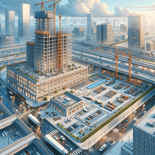 Please create a very detailed, 8K resolution, realism, professional studio quality image representing the content of a text about interior building construction and exterior parking lot construction. The illustration should cover essential works such as ground and civil works, paving and finishing work, installation of lighting and safety facilities, and other subsidiary facility works. No Pixelation, distortion, low resolution, watermarks, text overlays, overexposure. Exclude any depiction of babies, children, or people. Also, avoid weird items and backgrounds. Strictly, do not include any text in languages other than English.