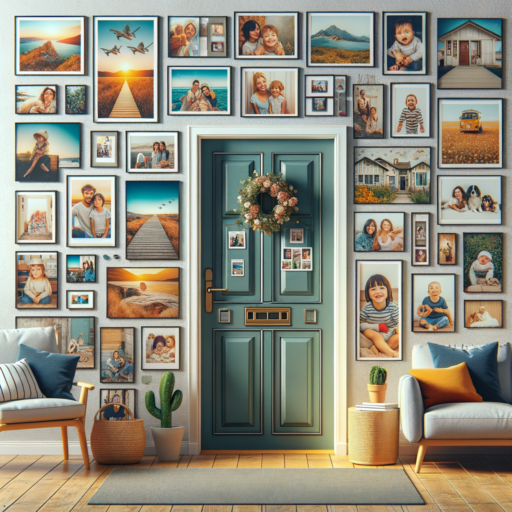 Generate an image that depicts the importance and charm of using printed photos in front door decor. Show various placed photos, including family pictures, travel moments, and pets, on the door itself and on the wall around it. The photos should create a warm and friendly atmosphere. Illustrate the use of various sized picture frames, a photo wall, and sticker photos on the door. The colors in the photos should complement the color of the door. The images should have the durability to withstand weather changes. Show how the use of these photos creates a warm feeling towards the house and enhances its charm. Make this a detailed, 8K resolution image with realism, professional studio quality, a balanced composition, well-constructed framing, cinematic depth, and natural lighting and placement. Do not include pixelation, distortion, low resolution, watermarks, text overlays, and overexposure. Exclude babies, children, and people. Also, avoid any Korean language text or any text in other languages than English.