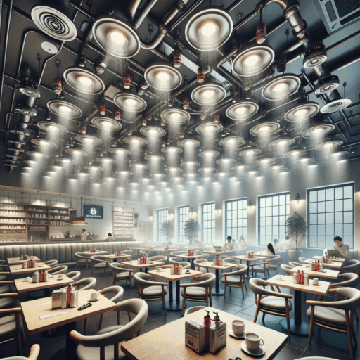 Create a meticulous image with 8K resolution, realism, and professional studio quality, depicting an internet café interior complying with fire safety regulations. Visualize a place equipped with key safety installations mentioned: a ceiling evenly scattered with sprinklers, strategic locations with fire-proof doors, separate smoking rooms, and evacuating devices in high-rise settings. The building should be designed for quick escape during emergency, with the sprinkler system ensuring adequate water pressure, fire doors with automatic closing mechanisms in case of fire, and well-ventilated smoking areas completely separated from other areas. All the devices should be portrayed in a balanced and well-composed frame with cinematic depth, natural lighting and arrangement. Ensure there are no pixelation, distortion, low resolution, watermarks, or text overlays. The image should not include babies, children, or people, nor any peculiar objects or backgrounds. The text in the image is strictly in English, no Korean or other languages should be present.
