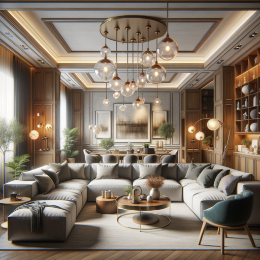 Create a studio-quality, hyperrealistic, 4K resolution image illustrating an interior living room scene. The focus should be on demonstrating good balance and composition with well-drawn frames and cinematic depth. Include various lighting sources such as ceiling lights, stand lights, and table lamps, ensuring a natural and homely light distribution through the room. Show different types of sofa arrangement ideas like U-shaped, L-shaped and linear configurations, considering aspects of space utilization, traffic flow, view direction, and symmetry. Also illustrate some tips like dimmer switches, point lighting around sofas or artworks, and the use of energy-efficient LED lights. The image should be void of humans, strange objects or backgrounds, no text overlays except in English, no pixelation, distortion, overexposure, low resolution, or watermarks.
