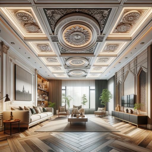 Depict a room showcasing various ceiling interior design techniques in 8k resolution with realistic and balanced composition. The room should feature elements such as: a painted ceiling in both dark and light colors determining the atmosphere; mouldings and decorations along the edges of the ceiling for a sophisticated feel; variety of dynamic and embedded ceiling lights; unique textures and finishing materials like wooden planks, business steel, or exposed brick for a distinctive ambiance; and ceiling panels in various designs. Include a representation of current interior design trends like natural materials, minimalism, and color blocking. Do not include babies, children, or any other humans. Avoid bizarre objects and backgrounds, pixelation, distortion, low resolution, watermarks, text overlays, overexposure, or any text in Korean or any other language apart from English.