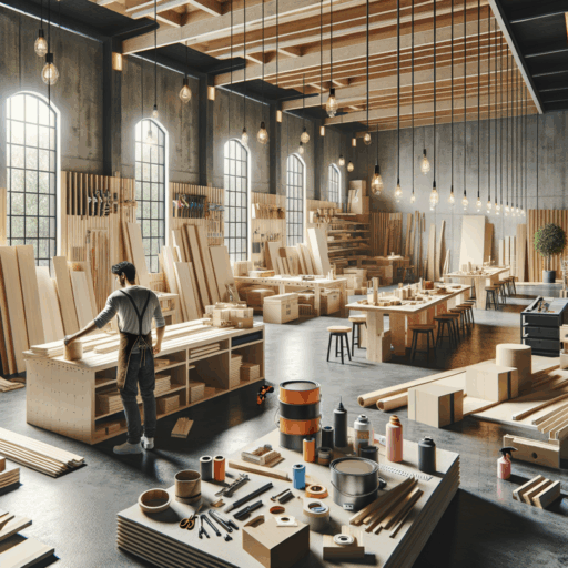 Create a hyper-realistic 8K resolution image with expert studio quality. The image should depict a 20-pyeong space undergoing carpentry work for interior design. This includes an overview of where the materials, such as plywood, solid wood, and MDF are stored, and items such as paint, varnish, handles, hinges which make up the finishing materials and accessories. Also, include the carpentry technician at work, reflecting the complexity of the task and the construction period. The scene should have balanced composition, well-designed frames, cinematic depth, natural lighting, and placement. Do not include odd objects or backgrounds. There should be no distortion, low-resolution elements, watermarks, text overlays, or excessive exposure. Absolutely no infants, children, or humans should be included. Also, do not include any text in languages other than English.