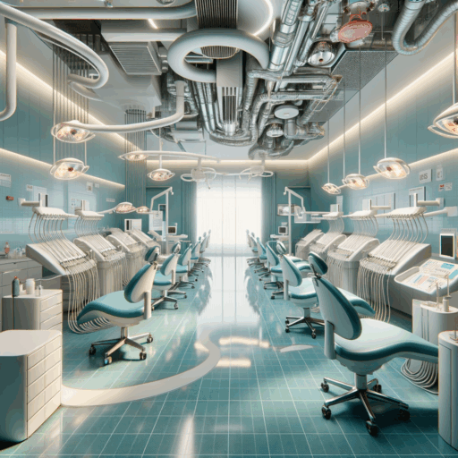 A highly detailed, 8K resolution image presenting the critical features and importance of dental clinic's interior arrangement. Major aspects include maintaining hygiene, efficient space utilization, integration of specialized medical equipment and creating a comfortable environment for the patients. The image showcases the meticulous spatial arrangement featuring patient waiting area, treatment rooms, disinfection rooms and medical equipment placement spaces. The image should focus on the use of antimicrobial materials, easy-to-clean structures and spatial flow between patient and dentist areas. The interior also incorporates intricate wiring, plumbing, compressed air, and vacuum systems with a focus on operation and maintenance. Lighting is designed to ensure proper brightness for procedure and comfort of the patient. There should be no pixelation, distortion, low resolution, watermark, text overlay, or overexposure. No infants, children, humans in general are to be included. The image should also refrain from containing any peculiar objects or backgrounds. No text in languages other than English is to be shown.