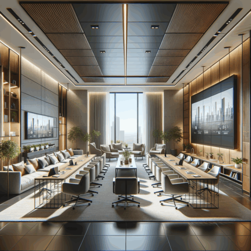 Please create a highly detailed, 8K resolution, realistic and professional studio-quality image of a modern, state-of-the-art meeting room interior. This room should have a balanced composition and well-framed layout with cinematic depth. The meeting room should feature flexible, modular furniture that can be rearranged, large windows that invite natural light, and the use of environmentally friendly materials. It also incorporates advanced technology like wireless chargers, large digital screens, and smart lighting and temperature control systems. Let's see how they use calming yet energizing color palettes, optimized natural lighting with LED light fixtures sparingly. Inside the room, there should be a small lounge or rest area for casual conversations and brainstorming. These elements should be rendered with careful attention to natural lighting and placement. The image should be devoid of pixelation, distortion, low-resolution, watermarks, text overplays, and overexposure. Do not include babies, children, or any individuals, unusual objects, or backgrounds. Do not include any non-English text.