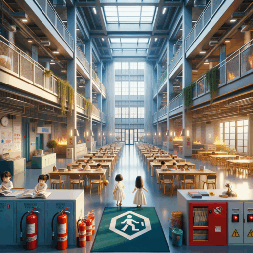 Create a detailed and realistic image of an educational institute's interior, focusing on safety standards and spatial regulations. The image should be in 8K resolution and studio quality, with balanced composition and cinematic depth. Ensure it showcases the difference between a large-scale institute and a small-scale study center, highlighting elements such as emergency exits, fire extinguisher placements, sprinkler systems, and electrical safety. The design should also emphasize the importance of abiding by minimum area requirements for classrooms, corridors, and rest areas. But please exclude any presence of babies, children, or people in general. Additionally, avoid any strange objects and backgrounds, and make sure there is no text overlay in any language other than English in the image. Exclude any pixelation, distortion, low resolution, watermarks, or overexposure in the visualization.