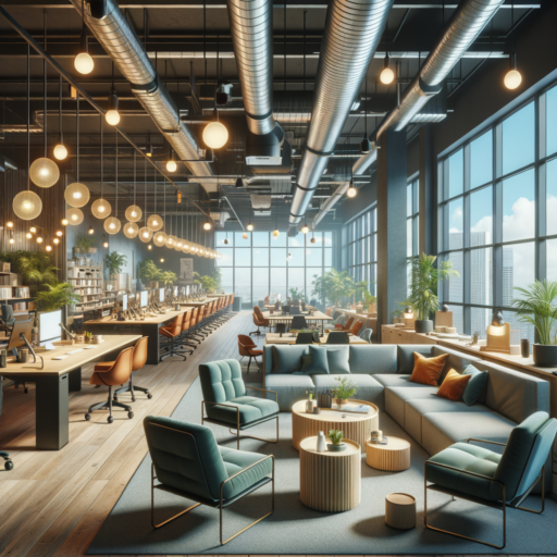 Render a detailed, high-resolution, cinematic image representing the ideas for improving office space. The image should reflect an open office layout promoting collaboration with acoustic treatment materials to minimize disturbances. Blend this with a comfortable rest area filled with warm lights and comfy furniture designed in a café style. Include maximum natural light with a placement of plants depicting a friendly environment. Highlight multi-functional furniture, like easy-to-move desks and foldable chairs. The color palette of the office should be a mix of warm and cool colors, for example, blue for stability and concentration and green for comfort. Lighting should be natural, complemented by spotlights and indirect lights. Ensure to follow a professional studio quality, well-composed frames, realistic depth, and balanced arrangement of items. Do not include any people, strange objects, background messiness, pixelation, distortions, watermarks, text overlay, or excessive exposure. Exclude any text that is not in English.