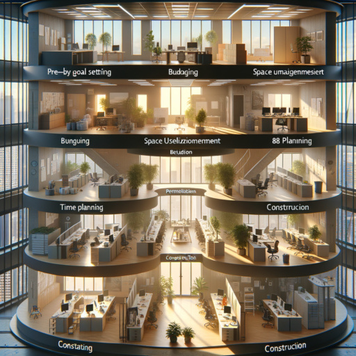 A detailed step-by-step 8k resolution hyperrealistic cinematic image detailing the process of office interior design based on the criteria listed above. Depict the stages starting from pre-planning and goal setting, budgeting, and time planning. Transition into the development of a design concept, factoring brand identity, space utilization, and style selection. Depict the selection of a suitable construction team, followed by the construction and management phase with emphasis on schedule management and quality checks. End with the final checks such as facility inspection and cleaning and the final presentation of the newly designed office to the employees and customers. The image should not contain any babies, children, or people. There should be no text overlays in any language other than English. The image should not contain any strange objects or background. No pixelation, distortions, low resolution, watermarks, or overexposures are allowed.