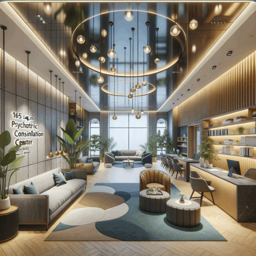 Please construct an 8K resolution, hyper-realistic image with a balanced composition, cinematic depth, and natural lighting. The image should be of a 165 sq.meter psychiatric and psychology consultation center. The layout should include a calming waiting and reception area with ambient lighting, private consultation and treatment rooms designed for maximum privacy and soundproofing, and an office space along with a staff lounge for optimized work efficiency. The interior design should involve calm and comforting colours, environmentally friendly materials known for their soundproof quality, durable finishing, and ergonomic furniture. Also, include the light placements, socket locations, and wiring route for the electrical fittings. Please no pixelation, distortion, low-res renderings, watermarks, or text overlays. Must not include babies, children, people, peculiar objects, and backgrounds. Definitely exclude any text written in languages other than English.
