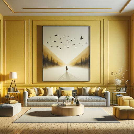 Imagine a spacious and well-lit living room. The walls of the room are covered in warm and inviting yellow wallpaper. In the center of the wall, as a focal point, there's a large picture frame. The frame has a modern design and it complements the yellow wallpaper. Consider matching the colours and themes of the image within the frame to create harmony with the yellow walls. Other elements in the room, like furniture and accessories, should also complement the yellow walls and the large picture frame. Think about how the room would look with accurate, balanced lighting, thus drawing attention to the framed art and making the space more inviting.