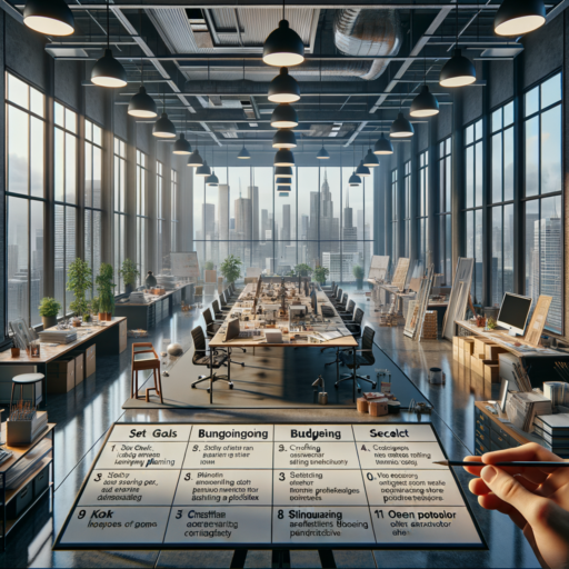 I want a detailed, realistic, 8K resolution depiction of a well-planned office interior in construction, based on a step-by-step guide. This scene should emphasize a high level of professionalism and studio-grade quality with balanced composition, carefully framed outlines, movie-like depth, and natural placement of objects. Against a backdrop of a physical office in the midst of construction, illustrate elements related to setting goals, budgeting, timeline planning, crafting a design strategy, selecting color schemes and materials, and scrutinizing different portfolios before choosing a constructor. Avoid including babies, children, or people, and keep away from odd objects and backgrounds. Do not incorporate Korean or any non-English in the image. There should be no pixelation, distortions, low-resolution areas, watermarks, or overlaid text, and no overexposure.