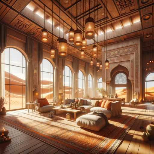 Render an intricately detailed, 8K resolution image that captures the essence of desert interior design and its importance. The image should exude realism, replicating professional studio quality, balanced composition, well-crafted framing and cinematic depth. The interior design should reflect elements adaptable to the desert environment, including methods of temperature control, such as thick walls and small windows, use of robust materials like stone and concrete, integration of sustainable designs like solar panels and rainwater harvesting systems. The desert aesthetic should encompass color choices like sand hues, orange, and warm browns, furniture fashioned from natural materials, and decor imbued with traditional patterns. The design should be in harmony with the arid desert exterior, taking into account frequent winds, sandstorms, and torrential rain-induced floods. Ensure natural, unforced lighting and arrangement of elements, avoiding pixelation, distortions, watermarks, overlaid text, and overexposure. Do not include children, people, or peculiar objects and backgrounds in the image. Avoid using Korean or any language text, other than English.