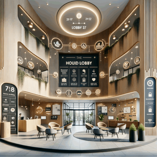 Envision a hyper-realistic, expertly composed illustration of a rental building's ground floor lobby in an efficient layout. The design aims for a welcoming atmosphere, optimizing the flow of traffic from the entrance to the exits. The lobby supports ample space, generates an open vibe, and takes advantage of a harmonious blend of lighting and materials for a pleasant ambiance. Essential features include a welcoming lounge with cozy chairs, small tables, and plants serving as a waiting or rest area for visitors and tenants. There's an information desk or digital kiosk providing building information and guidance services. The building lobby utilizes wall space or specific areas for art exhibitions, local culture displays to emphasize the building's brand image and visitor satisfaction. A mini café or vending machine area offers simple beverages and snacks, while modern smart technologies, like IoT, manage access control, lighting and temperature adjustment, and air quality control. The color scheme uses bright and neutral tones, creating a sophisticated, inviting atmosphere. The selection of durable, luxury finish materials enhance aesthetic satisfaction and maintenance ease. Furniture placement is thoughtful, maximizing the use of space without disrupting traffic flow. No babies, children, or odd objects are included in this image. Any text, including Korean and other non-English texts, should not appear in the image.