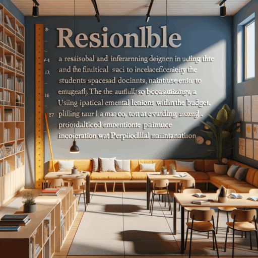 Imagine a visually detailed guide about the process of reasonable and efficient interior design for a learning academy. The guide detailedly discusses the importance of interior design including the students' learning environment and the academy's brand image. It emphasizes the necessity of rational estimates and planning. The interiors should express a functional space to increase efficiency, a pleasing aura to attract parents and visitors. The guide also elaborates on various considerations for the layout, prioritizing essential elements within the budget, using durable materials, and the importance of collaboration with an experienced interior company. The guide gives importance to periodical maintenance following the interior construction. Please depict this rendition in an 8K resolution, realistic, balanced composition, well-framed, filmic depth, and natural lighting without any distortions, watermarks, or text overlays. Please make sure that no people, strange objects or text in any language other than English are included in this illustration.