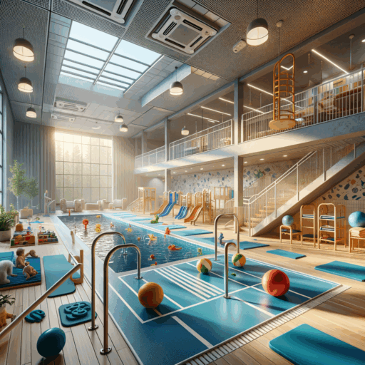 Create a highly detailed 8K resolution, realistic, professionally rendered image that captures the various elements of a kindergarten or daycare center being converted into a day care center for the elderly. Detail the required adjustments for accessibility, like installation of ramps, elevators, non-slip flooring, modifications to restroom facilities, and enhancements to emergency fire equipment and internal structures. Include meticulously planned interior design of a psychological counseling center, paying attention to the fire-resistant materials used for ceiling, wallpaper, curtains and furniture. Include emergency lighting and clear visibility of fire equipment and escape routes. Highlight the to conversion of swimming pool area catering to leg and core muscle strengthening, with enough exercise space, placement of muscle-strengthening equipment and dedicated spaces for rest and stretching. Emphasize on waterproof, non-slip and durable materials used in the swimming area, ensuring safety is a top priority. Maintain balanced composition, well framed scenes, cinematic depth, and natural light and placement. Refrain from including babies, children, humans, distorted or low-resolution elements, watermarks, text overlays, overexposure, bizarre objects and backgrounds, and non-English text.