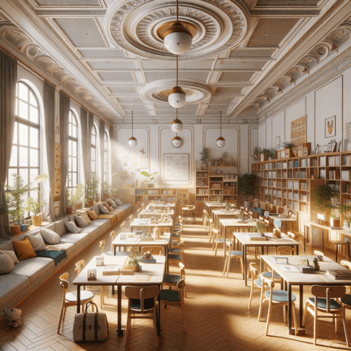Envision a meticulously detailed classroom interior based on a planned designs for a small educational establishment. The space measures around 165 square meters - roughly equivalent to 50 pyeong. It should include various classrooms, a leisure area, and an office space, all decorated thoughtfully within a specific budget (the money aspect conveyed metaphorically). The interior design should be such that it fosters a conducive learning environment for students, enhancing their concentration. Focusing on the elements of realism and methodically designed composition, the environment should be devoid of any strange objects or backgrounds. There should be no babies, kids, or people in the scene. The lighting should be natural and placement of objects pragmatic. The image must be of 8K resolution, well balanced and professional studio quality with movie-like depth. Avoid pixelation, distortion, low-resolution, watermarks, text overlays, and overexposure. It should exclude the presence of Korean or any other languages, except English.