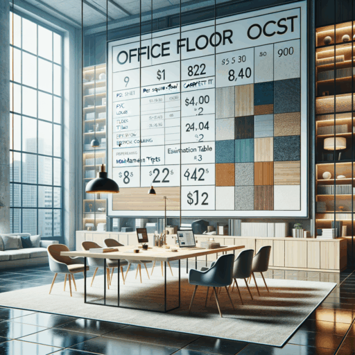 Generate a highly detailed, 8K-realistic image that captures the essence of a guide to office floor interior costs and design. The image should include elements like various flooring options (PVC, wood-look tiles, carpet tiles, epoxy coating), an estimation table laying out per square foot cost variations, potential discounts, and maintenance tips. The setting should be a professionally lit office, ensuring no unusual objects, no children or people, and no non-English texts are included. The image should possess a cinematic depth, balanced composition with no pixelation, distortion, low resolution, watermarks or text overlays.