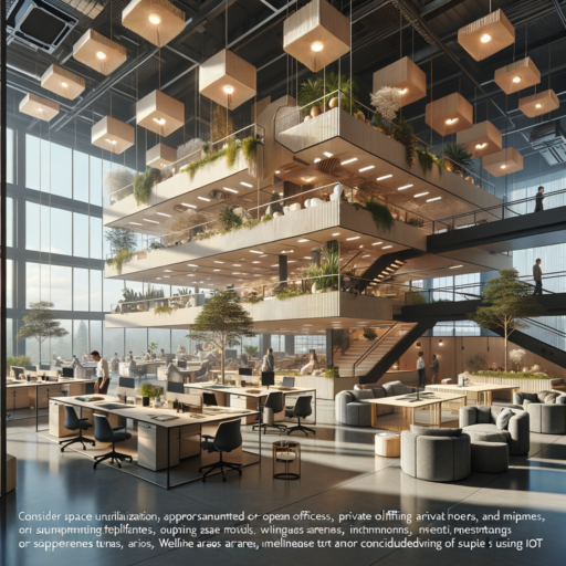 Imagine a detailed and realistic depiction of a modern office interior design, employing characteristics suggested from the extensive description: Consider space utilization with an appropriate arrangement of open offices, private offices, meeting rooms, and lounge areas. Incorporate well-placed lighting, utilizing natural light and supplementary artificial lighting as necessary. The use of color should create a pleasant ambiance, reflecting the company's brand image. Furniture arrangement must promote interaction and collaboration among employees. Noise management factors should be considered to create a tranquil working environment. Special attention must be given to emerging trends like nature-friendly designs using materials like wood, stone, and introducing plant elements; modular furniture for flexible space utilization; wellness areas considering employees' health and welfare; incorporation of smart technology using IoT. The image should be finely detailed, possess a balanced composition, well-framed, and will exhibit cinematic depth, natural lighting, and placement without any presence of babies, children, or adults. No unusual objects or backgrounds should be included and should be void of any text overlays, other than in English, pixelation, distortion, low-resolution, watermarks, or overexposure.