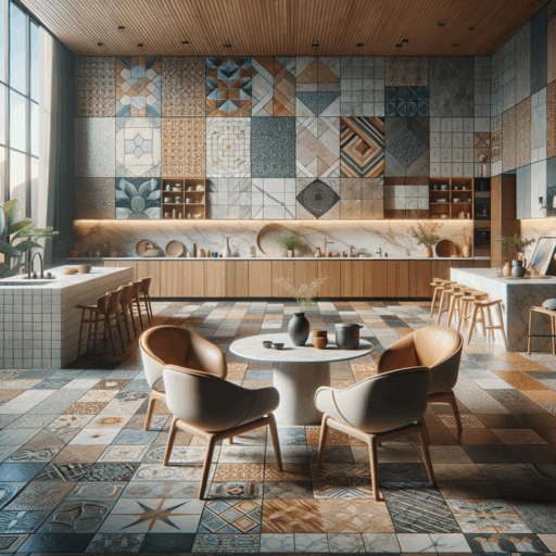 Imagine a detailed image based on various types of tiles and their applications in interior design, as described in a Korean article. The image should showcase different tile types like ceramic, porcelain, glass, and marble tiles, each distinct with their own color patterns and textures. Highlight their applications, from the kitchen and bathroom to spacious living areas. Also, subtly include trendy styles like nature-inspired designs, striking patterns, and minimalism. The image should be realistic, created with an 8k resolution, while maintaining a professional studio quality, balanced composition, and Framing reminiscent of a film scene with natural lighting and placements. Ensuing that there are no distortions, watermarks, overlaid texts, or overexposure. Also, the image should not include children, humans, or any strange objects and backgrounds. Texts in other languages except English should also be excluded.