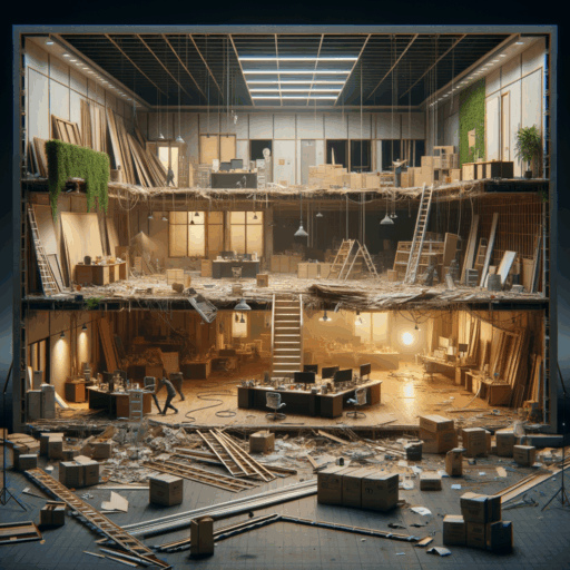 Create a meticulously detailed visual representation of an office during a multi-step remodeling process, at an 8K resolution, that depicts an environment taken from a realism art period, akin to studio-quality production. The scene should capture demolition and restoration of the office, soundproof interior implementation, panel factory alteration, and the integration of fire safety measures. The composition should be balanced, in a well-arranged frame mirroring a cinematic depth, and complemented by naturalistic lighting and placement. Please refrain from pixelation, distortion, low-resolution mistakes, watermarks, overly exposed areas, and text overlay. Do not include infants, children, or people. Also exclude any strange objects or backgrounds. Do not embed any non-English text, especially Korean, into the image.