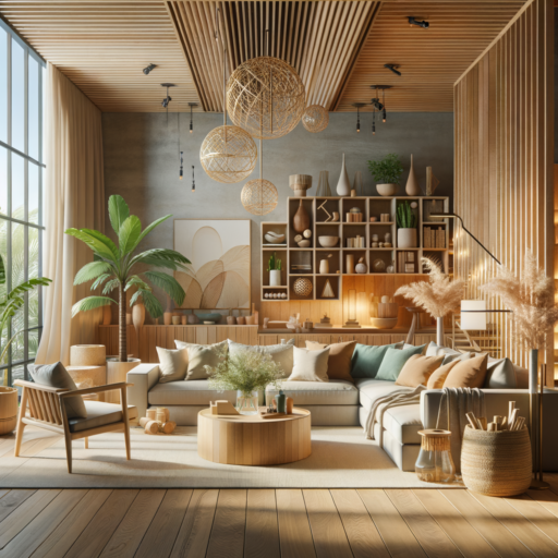 Create a highly detailed image in 4K resolution with a realistic style and professional studio quality, featuring the interior design trends of 2025. It should showcase a blend of natural materials like wood, stone, and bamboo with advanced technology. Elements of sustainable design like recycling and upcycling of furniture, smart home technologies, multifunctional furniture pieces, and mutable designs should be notable. Use a balanced composition, well-organized frame, and film-like depth in the image, with natural lighting and placements.It should not include any people, strange objects, or backgrounds. The design features should resonate vibes of warmth, comfort, and tranquility. Color palette includes natural, calming colors like sandy brown, oatmeal, and turquoise. Do not include any pixelation, distortion, low resolutions, watermarks, text overlays except for English, and overexposure.