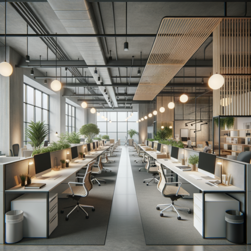 Design a photorealistic office interior that represents a 430 square feet space. The environment should convey a harmonious blend of modern design aesthetic with industrial elements, incorporating a balanced arrangement of individual workstations and open collaborative areas. Natural materials and greenery should be part of the design, bringing a sense of tranquility and connection to nature. Use neutral colors primarily such as white, gray, and black to emphasize a sleek and contemporary feel. Ensure efficient space utilization optimizing employee interaction and mobility. Perfectly blend natural and artificial lighting to reduce eye strain and increase work focus. The image must be designed in 8K resolution without any distortions, pixelation, watermark or text overlays, and should radiate professional studio quality with balanced composition, well-planned framing, film-like depth, and natural lighting.