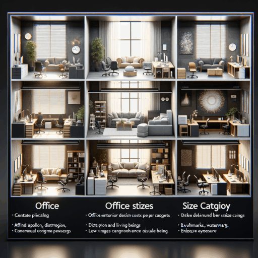 Create a highly detailed and realistic 8K image illustrating a guide on office interior design costs per size category. The image should represent different office sizes and their corresponding budgets. It should not include any characters or living beings. Avoid pixelation, distortion, low resolution, watermarks, text overlay, or excessive exposure. It should exclude bizarre items and backdrops. Neither Korean nor any language other than English text should be included in the image. The quality should match professional studio standards, with well-composed frames and cinematic depth. Capture accurate layouts with balanced and natural lighting.
