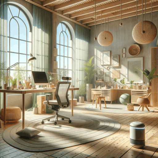 A detailed and ultra-high-resolution 8K image reflecting the principles of health-conscious interior design. Picture a well-lit room with natural light pouring in through strategically placed windows. The scene should include eco-friendly materials like natural wood, bamboo, and natural fibers, arranged in a way that is ergonomic and creates a harmonious aesthetic. Subtle pastel or nature-inspired colors, such as greens or blues, contribute to a sense of calm. An air purifier and indoor plants manage air quality. An ergonomic chair and desk reflect concern for portability and posture. No people, children, or bizarre items should be included. Text overlays or watermarks should not be present. The image should have a depth and framing akin to movie scenes, along with professional studio quality, realistic elements, balanced composition, natural lighting placement, as well as avoiding pixelation, distortion, and excessive exposure.